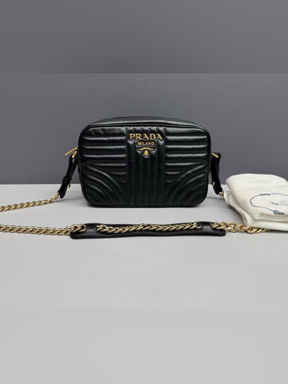 Prada Black Quilted Leather Crossbody with Gold Chain